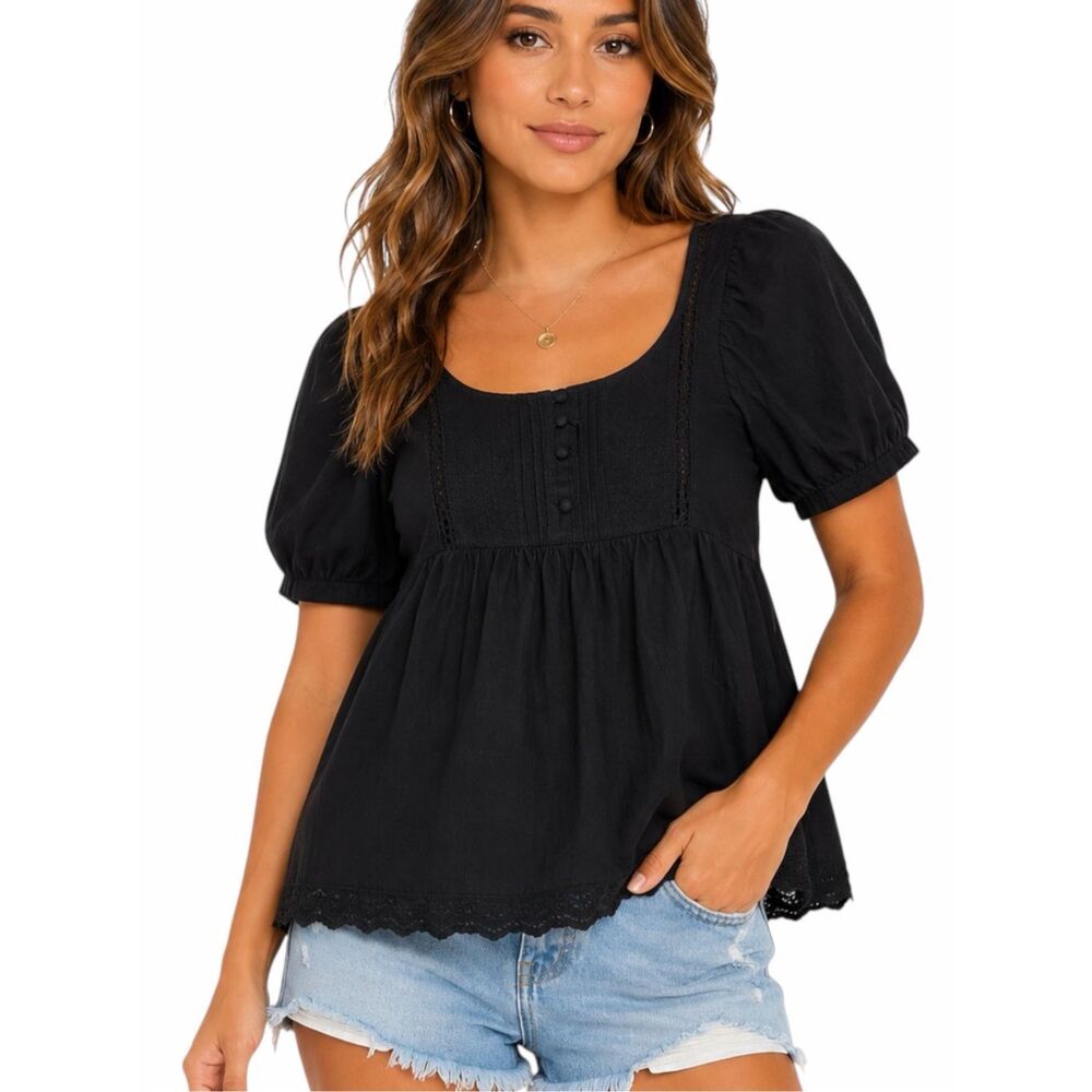 RYU Women’s Black Cotton Babydoll Peasant Blouse Puff Sleeve Lace Trim Small
